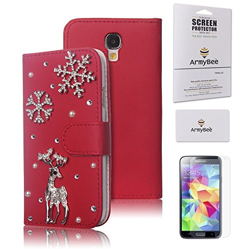 Samsung Galaxy S4 Christmas Wallet Case, Bling Rhinestone Leather Flip Wallet Snowflake Reindeer Design Case Cover For Samsung Galaxy S4 i9500 For Christmas & Winter(Does Not Fit Galaxy S4 Active Or Mini) (Red)