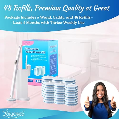 TOILET BOWL CLEANERS: 48-PACK TOILET BRUSH REFILLS, WAND & CADDY – UPGRADED TOILET CLEANING SYSTEM, DISPOSABLE TOILTE BRUSH WAND HEADS – (PACKAGE MAY VARY)