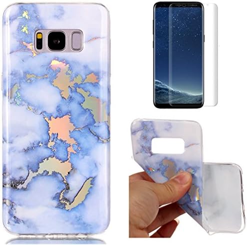 For Samsung Galaxy S8 Plus Marble Case Blue,OYIME Glitter Plating Pattern Design Glossy Clear Silicone Slim Thin Soft Protective Back Cover Drop Protection Transparent Bumper and Screen Protector