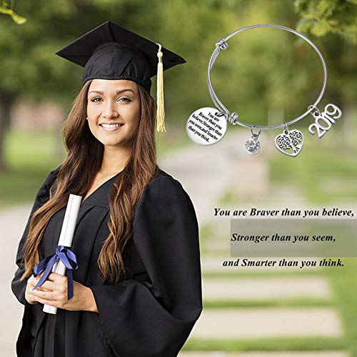 AZORA Graduation Gift Jewelry You are Braver Than You Think Inspirational Bracelet with 2019 & Tree of Life Charm Engraved Graduate Bangle for Teen Girls Women