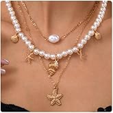 Shell Charm Necklace for Women Stack Gold Plated Starfish Conch Seashell Necklaces Dainty Summer Pearl Beach Layered Pendant Necklaces Boho Choker Summer Beach Vacation Accessories Jewelry Gifts