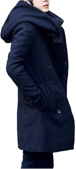 Amazon Bo Le ボロー アフガンコート メンズ 長袖 ロング丈 フード付き 暖かい ボタン カジュアル アウター 黒 紺 秋冬春服 L ネイビー コート ジャケット 通販