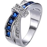 QUSIIOSLK Vintage Blue Crystal & White AAA Cubic Zirconia 925 Sterling Silver Criss Cross Ring Belt Design Band X Ring Anniversary Promise Rings for Women Jewelry Gifts 8