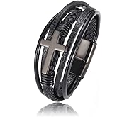 Panifio Mens Stainless Steel Cross Bracelet Personality Multi-Layer Braided Leather Bracelet for Men Religious Jewelry