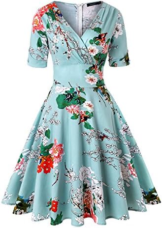 LEORAY Women's 1950s Vintage Deep V Neck Half Sleeve Retro Cocktail Swing Tea Dress