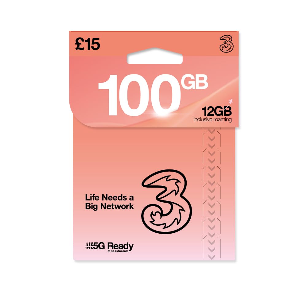 THREE 4G/5G SIM Card UK & ROAM FREE in over 70 destinations - PREPAID PAYG £15 Bundle - 75GB + (25GB FREE DATA) Unltd Texts & Mins - ROAMING ALLOWANCE 12GB