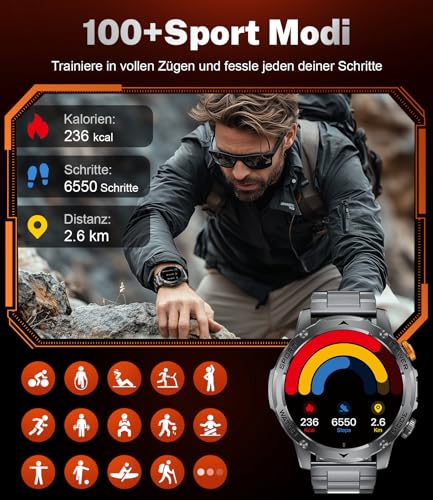 Smartwatch Men's Military 1000 mAh Battery/1.75 Inch HD Large Display, Smartwatch with Torch/Bluetooth Calls/130+ Sports Modes, IP68 Waterproof Fitness Watch with Heart Rate/Sleep Monitor, for Android iOS