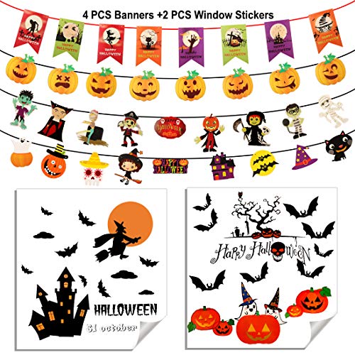 4 Pcs Halloween Banners and 2Pcs Halloween Window Stickers - Halloween Props Haunted House Decor Trick or Treat Stickers Pumpkins Spooky Witch and Bats for Halloween Decorations