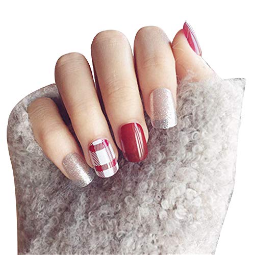 YONAIL 24pcs/set Fake Nails with Glue Square False Nails Medium Design Press On Nails for Women Girls Wine Red and Silver Color