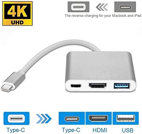 Qicai H Type-C to HDMI/USB 3.1 Type-C 4K Multiport Adapter, USB-C HDMI Digital AV Adapter Charging &amp; Connecting Converter for Macbook/Chromebook Pixel/Samsung S8/Mate 10, Silver