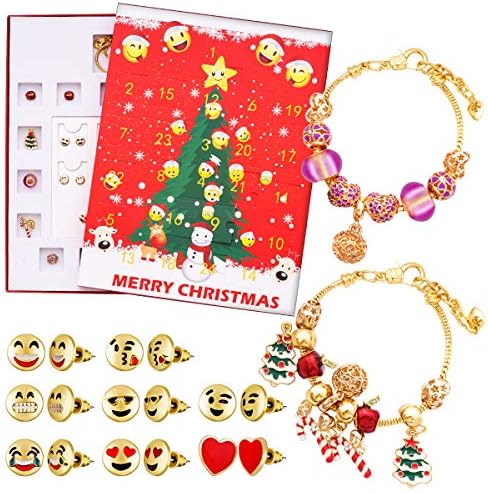 Advent Calendar 2019 Christmas Countdown Calendar, Gifts DIY Fashion Jewelry Set, 15 Charms with 1 Bracelet and 8 Pairs of Emoji Ear Studs for Women Girls Christmas Jewelry Calendar