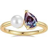 FYBIOD 10K 14K 18K Gold Pearl and Gemstone Toi Et Moi Rings for Women Freshwater Cultured Pearl and Pear Birthstone Ring Unique Engagement Anniversary Ring Jewelry Gifts for Her