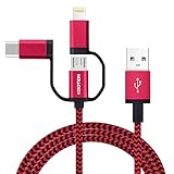 KOOTION MFI Certified 6ft 3-in-1 USB Charging Cable(Type C/Lightning / Micro) Charge/Sync Compatible with iPhone/Android,Red