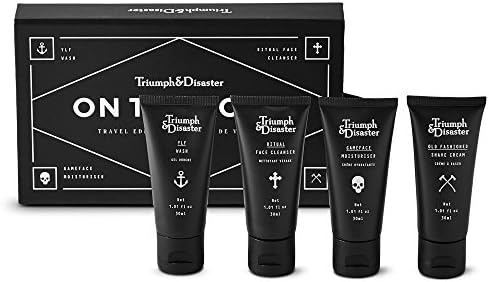 Triumph & Disaster On The Road Travel Kit – Premium Face Wash Cleanser, Old Fashioned Wet Shave Cream and GameFace Moisturiser (4x 30ml Tubes)