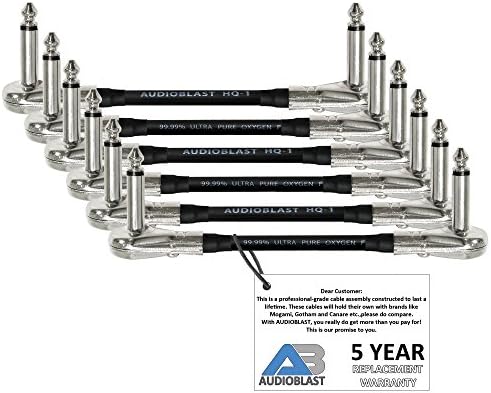 Diginex6 Units - 4 Inch - Audioblast HQ-1-BRAID (Black)- Flexible - Dual Shielded (100%) - Instrument Effects Pedal Patch Cable w/ ¼ inch (6.35mm) Low-Profile, R/A Pancake TS Plugs & Protective Boot