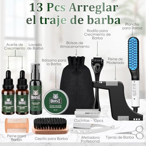 OranSee Kit Cuidado Barba 13 en 1 para Hombre, Incluye Alisador, Rodillo Microagujas, Aceite, Bálsamo y Accesorios para Crecimiento, Estilizado Natural, Juego de Regalo Hombre, Papa, Esposo, Amigo