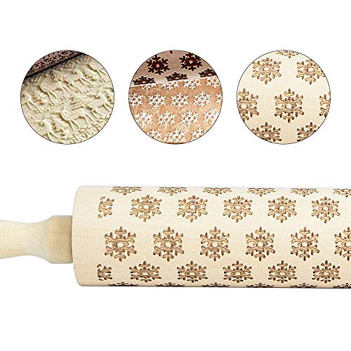 17" Christmas Wooden Rolling Pins, Embossing Thin Crust Rolling Pin with Christmas Tree Deer Pattern for Baking Kitchen Tool (snowflake)