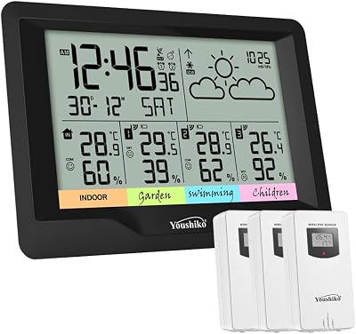 Youshiko Weather Station 3 Wireless Sensors, UK Version, Radio Clock