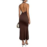 GORGLITTER Women's Open Backless Wedding Guest Dress Ruch Sleeveless Ribbed Bodycon Halter Maxi Dresses