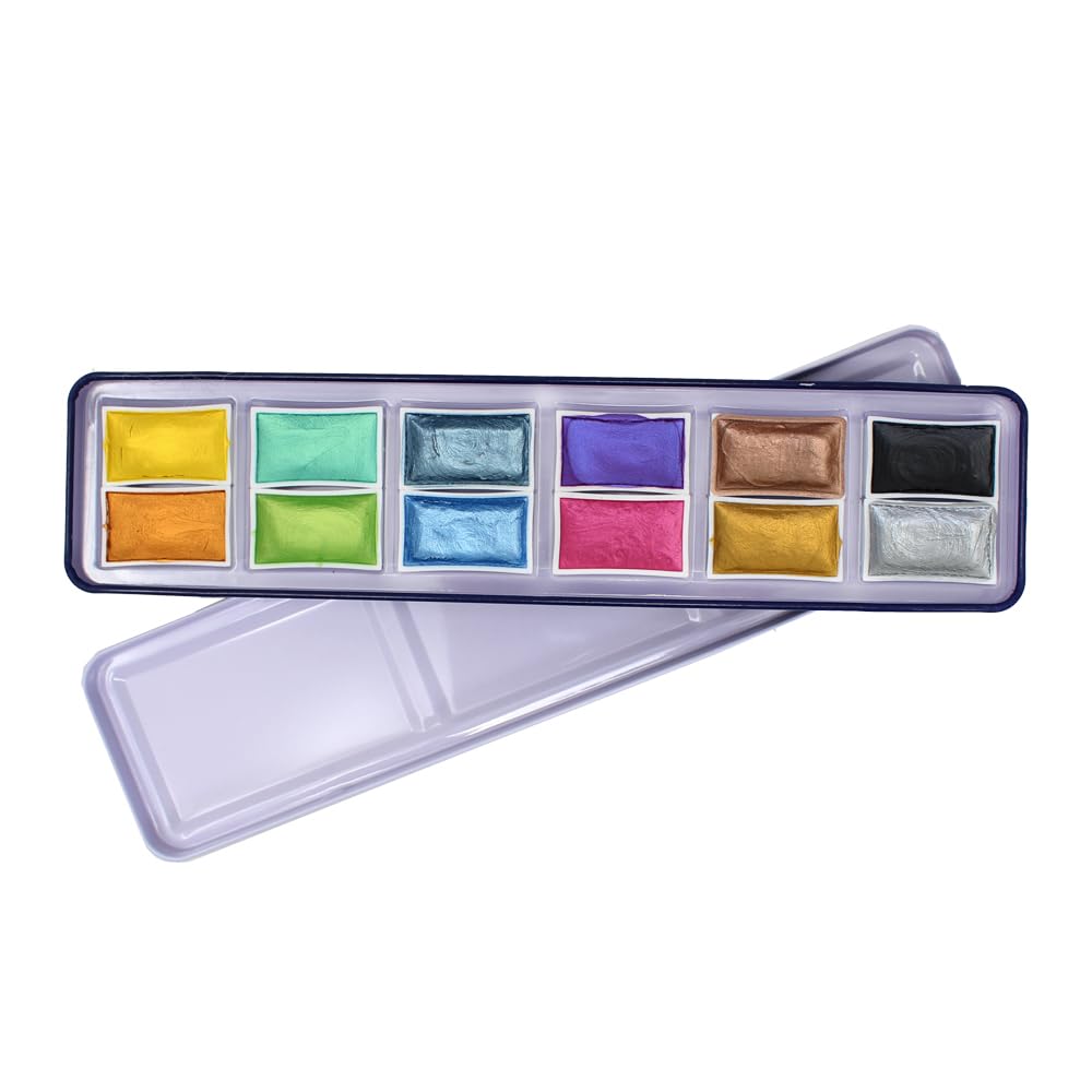 Artway Shimmer Watercolour Paint Set - A range of metallic and pearlescent colours perfect for watercolour painting - 12 Full Pans