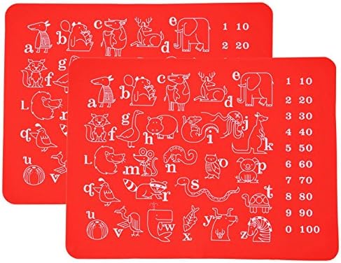 Multi Colors Non-Slip Waterproof Silicone Placemats, Baby/Children/Kids Placemats, with Learning Alphabet Animals,Set of 2 (Red)