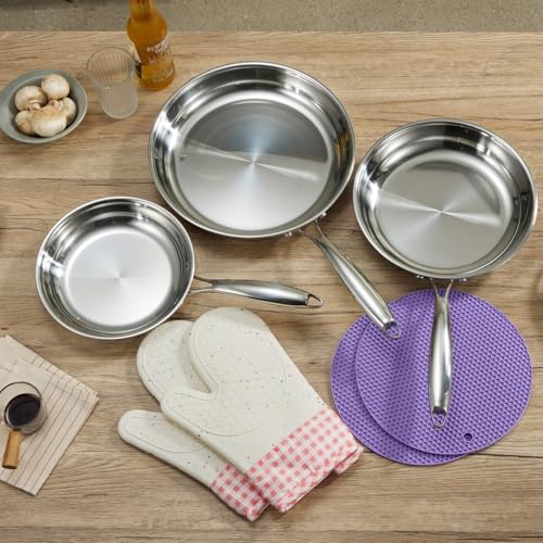 SanheKit - Set of 3 Stainless Steel Frying Pans Professional 3-Layer Pan Set, 20-25-30cm, Mirror Polished, Induction, Kitchen Pans, Frying Pans, Dishwasher Safe