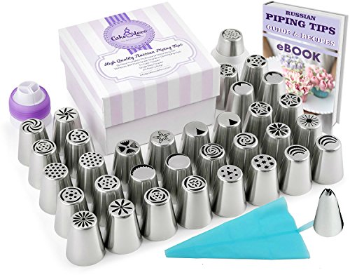 57pcs Complete Russian Piping Tips Set - Cake & Cupcake Premium Decorating Tools Kit - 34 Icing Nozzles + 20 Pastry Bags + Silicone Bag + 2 Couplers - Gift box - Full PDF User Guide & Frosting Recipes