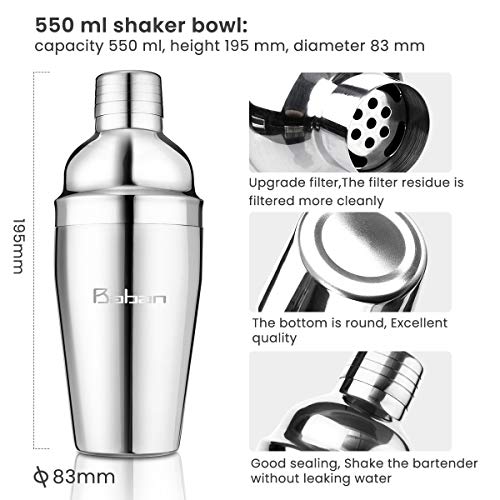 Cocktail Shaker Set/Bartender Kit, Baban 17 Pcs Stainless Steel Bar Tool Sets with 18oz Cocktail Shaker/Whiskey Stones/Fine Mesh Sieve Strainer/Straws, Professional Bar Accessories with Cocktail Book - Thumbnail 2