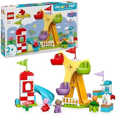 LEGO Duplo Peppa Pig Parque de Diversões Feira com Roda Gigante e Brinquedo Slide e 3 Figuras, Jogo para Classificar por Cores e Desenvolver Habilidades Motoras Finas para Meninas e Meninos 2+ Anos 10453