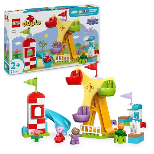 DUPLO Peppa Wutz Jahrmarkt - Montessori Spielzeug - Motorikspielzeug für Kinder ab 2 Jahren - Vorschule Spiele mit Riesenrad, Rutsche & 3 Figuren inkl. Mollie Mieze & Klausi Kläff 10453