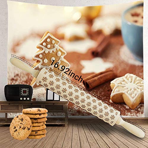 17" Christmas Wooden Rolling Pins, Embossing Thin Crust Rolling Pin with Christmas Tree Deer Pattern for Baking Kitchen Tool (elk)