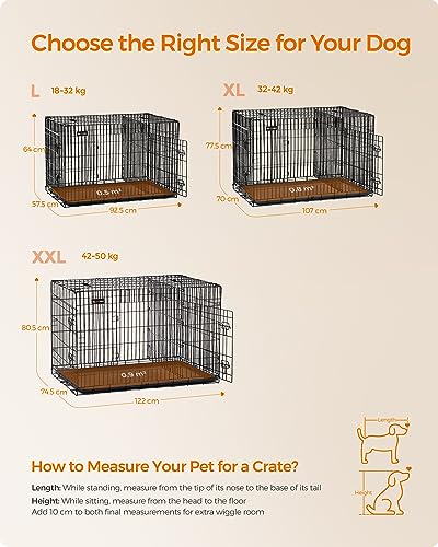 Feandrea PPD48BK Folding Dog Crate with 2 Doors, Separator, Removable Tray, 122 x 74.5 x 80.5 cm, XXL, Black