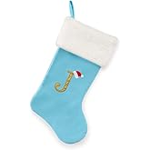 AUAWMLK 20-Inch Letter Embroidered Christmas Stocking Thick and Luxurious Light Blue Velvet with Super Soft Plush Cuff Personalized Festival Decoration for Xmas and New Year Party(Letter J)