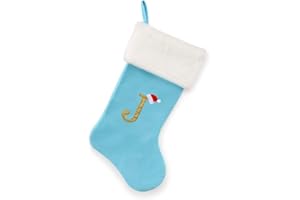 AUAWMLK 20-Inch Letter Embroidered Christmas Stocking Thick and Luxurious Light Blue Velvet with Super Soft Plush Cuff Personalized Festival Decoration for Xmas and New Year Party(Letter J)