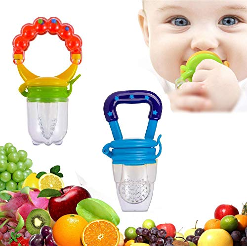 Gedebey Baby Fruit Pacifier Feeder - 3 Pack | 2 Silicone Teethers for Babies & 1 Feeding Spoon Food Infants Forage (Colorful)