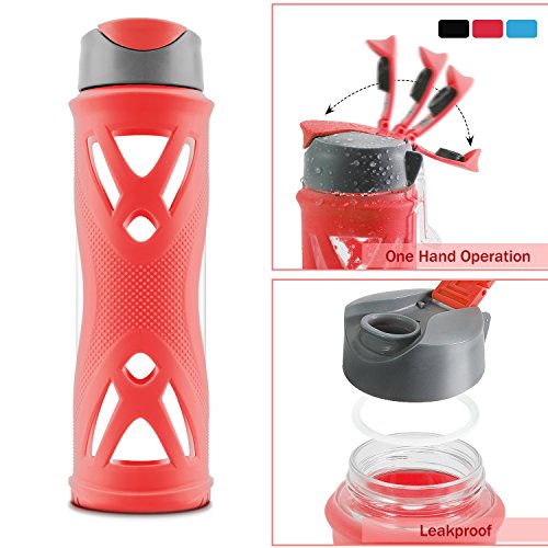 SHOKE Pure BPA-Free Glass Water Bottle with Protective Silicone Sleeve&Leak proof Lid & 24 Oz & Flip Top