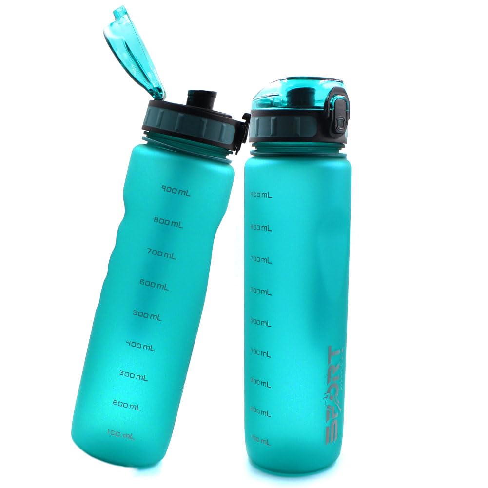 JIADEXIN Sports Bottle 1 pcs Leak Proof Drinking Water Bottle with Capacity Scale with Carrying Strap Flip-Top Gradient Frosted Water Bottle Plastic Blue 1000Ml for Sports