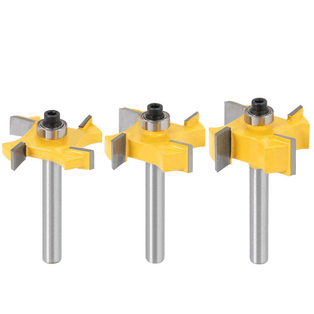 Bestgle 3pcs 1/4 Inch Rabbeting Router Bit Set 4 Wings Slotting Cutter Bit with Top Bearing for Woodworking Milling Cutter Tool 1/4" 3/8" 1/2"