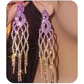 Chargances Vintage Rhinestone Long Tassel Chain Earrings Sparkly Crystal Mesh Stud Earrings Statement Bridal Jewelry Gifts for Women