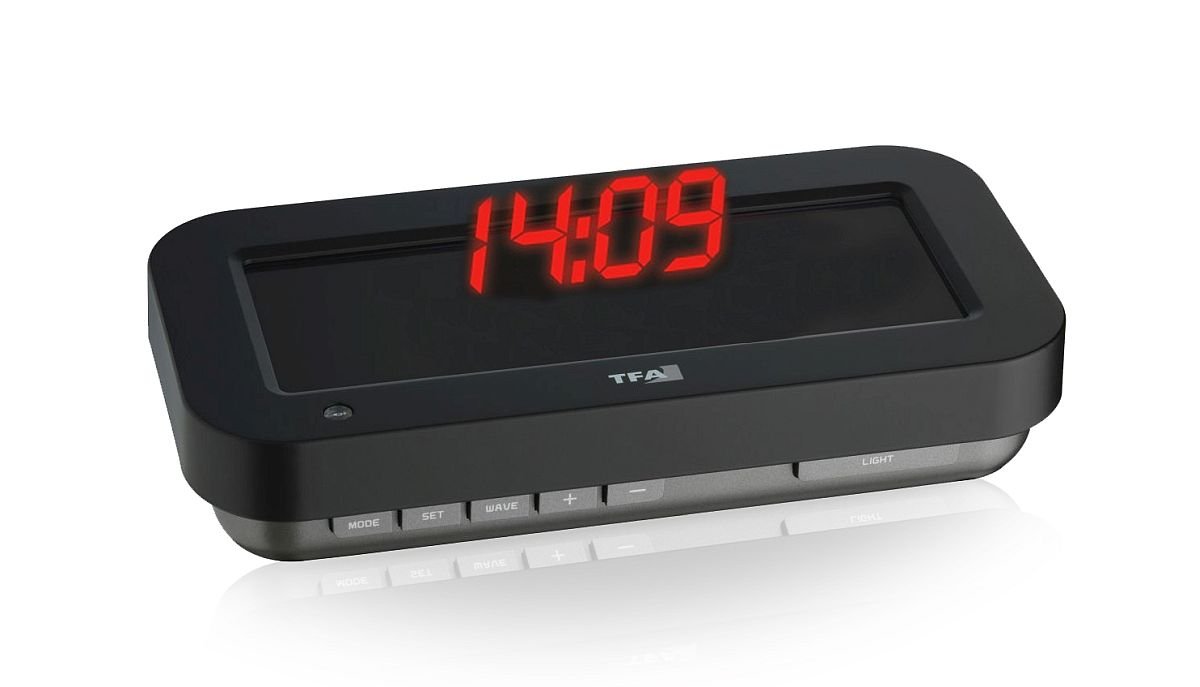 TFA 60.5009.05 Holo Clock Showing Mid-Air Display of Date/Time and Temperature, Black
