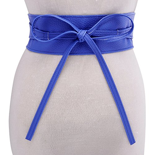 CHIC DIARY Fashion Women Faux Leather Bow Tie Waistband Elastic Stretch Waist Strap Cummerbund Waist Band Belt for Dress (Royal blue)