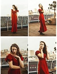 AW Gasa Largo Vestidos de Dama de honor con Mangas Cuello en V Vestidos formales de baile para las mujeres Más el tamaño de vestidos de noche