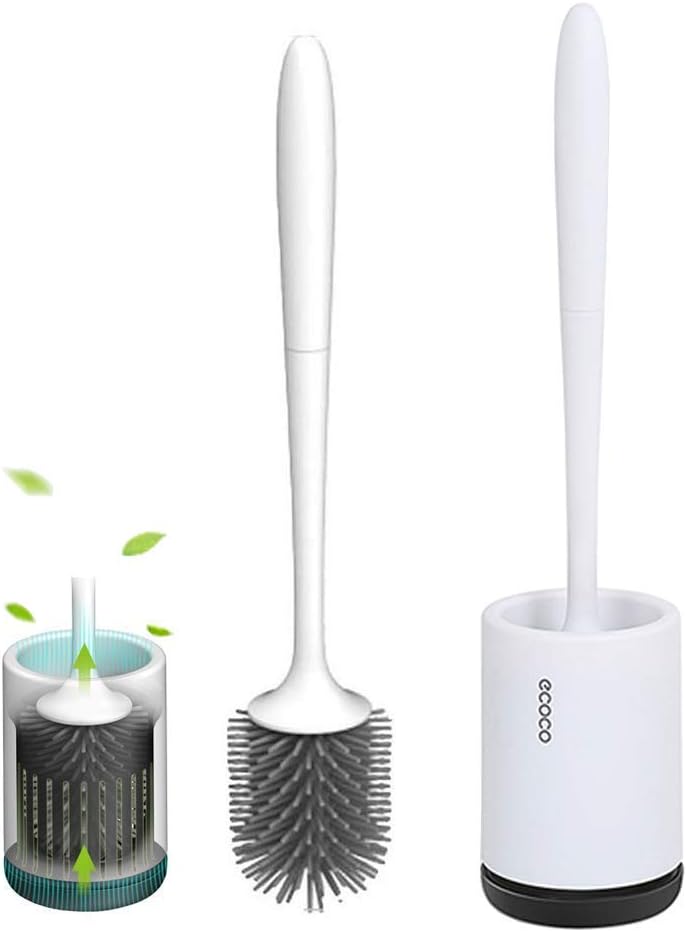 Silicone Toilet Brush and Holder,Floor Standing Bathroom Toilet Brush and Holder Set,with Non-Slip Long Plastic Handle,Soft Silicone Bristle & Quick Drying Removable Water Drawer (White)