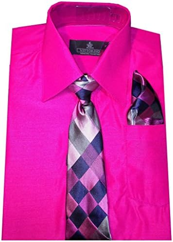 Vitorino Boys Long Sleeve Button Down Dress Shirt with Tie and Handkerchief, 7,Fuchia