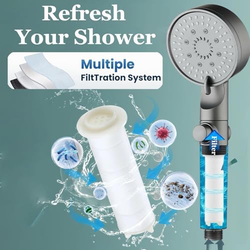 Chenghoo HydroBoost High Pressure 5 Mode Filtered Shower Head, 2 Handheld Shower Heads & 17 Filter Cartridges, Built-in Power Wash for Hard Water，One-Touch Pause Button, Easy Install