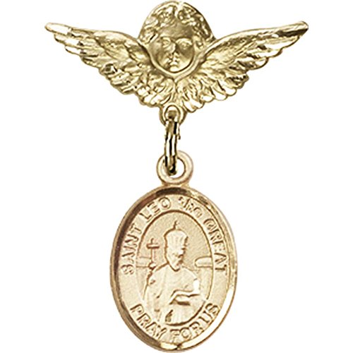 14kt Yellow Gold Baby Badge with St. Leo the Great Charm and Angel w/Wings Badge Pin 1 X 3/4 inches
