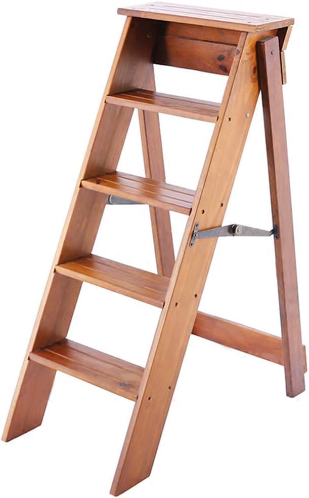 Nwn 5-step Step Stool Ladder Chair, Wooden Foldable Staircase Safety Non-slip Step Ladder Seats Widened High Stool Home Garden Tool Height 88 Cm (Color : Light walnut)