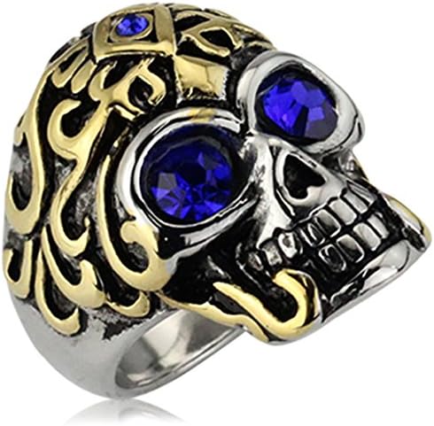 XAHH Men's Stainless Steel Vintage Punk Style Gothic Flower Skull Biker Ring with Blue CZ Eye,Gold Silver