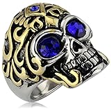 Men's Vintage Stainless Steel Gothic Cz Classic Skull Biker Ring , Gold Silver Blue