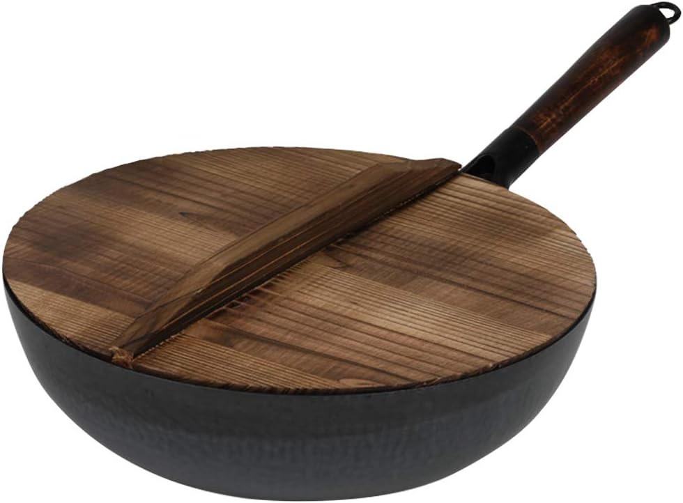 AFirst Traditional Hand Hammered Carbon Steel Pow Round Bottom Wok with Pre-Seasoned Wooden Lid-12.5” (12.5")
